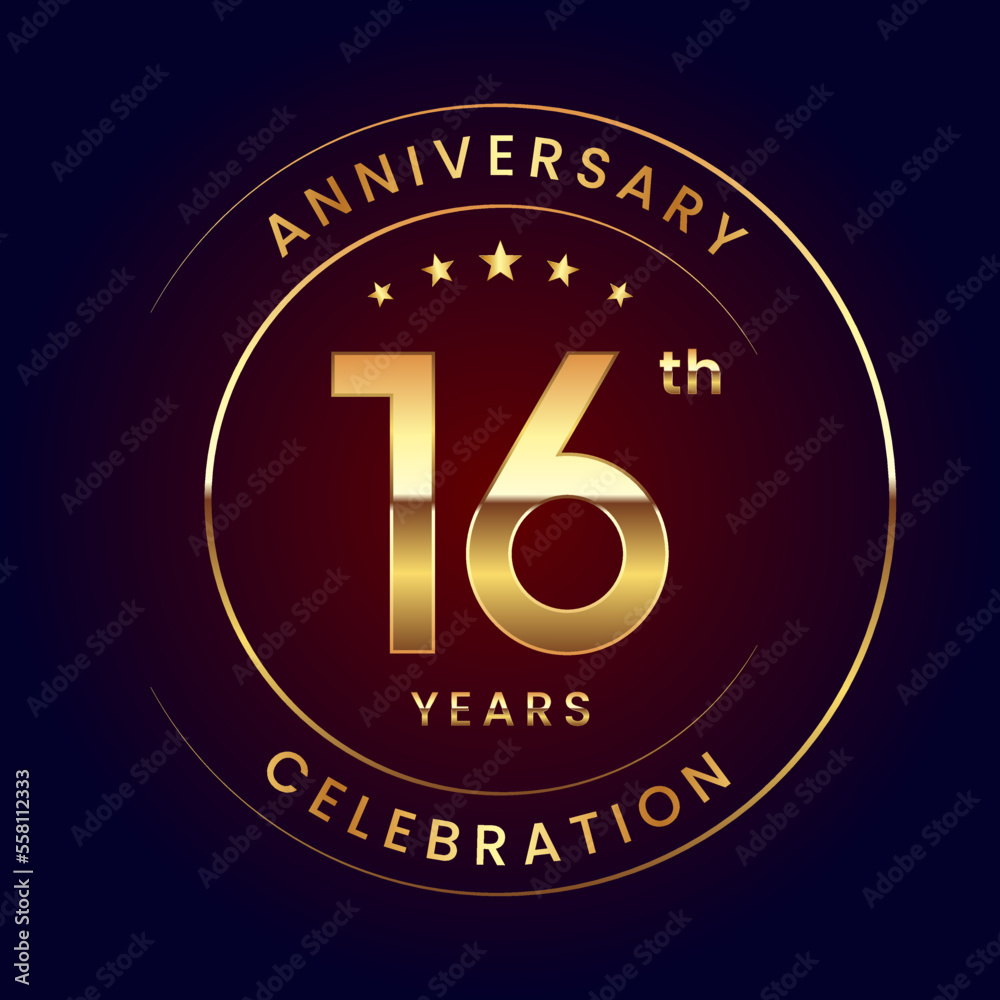 16th Anniversary. A luxurious and simple logo design with gold color ring and text for an anniversary celebration event. Logo Vector Illustration 16th Anniversary. A luxurious and simple logo design with gold color ring and text for an anniversary celebration event. Logo Vector Illustration