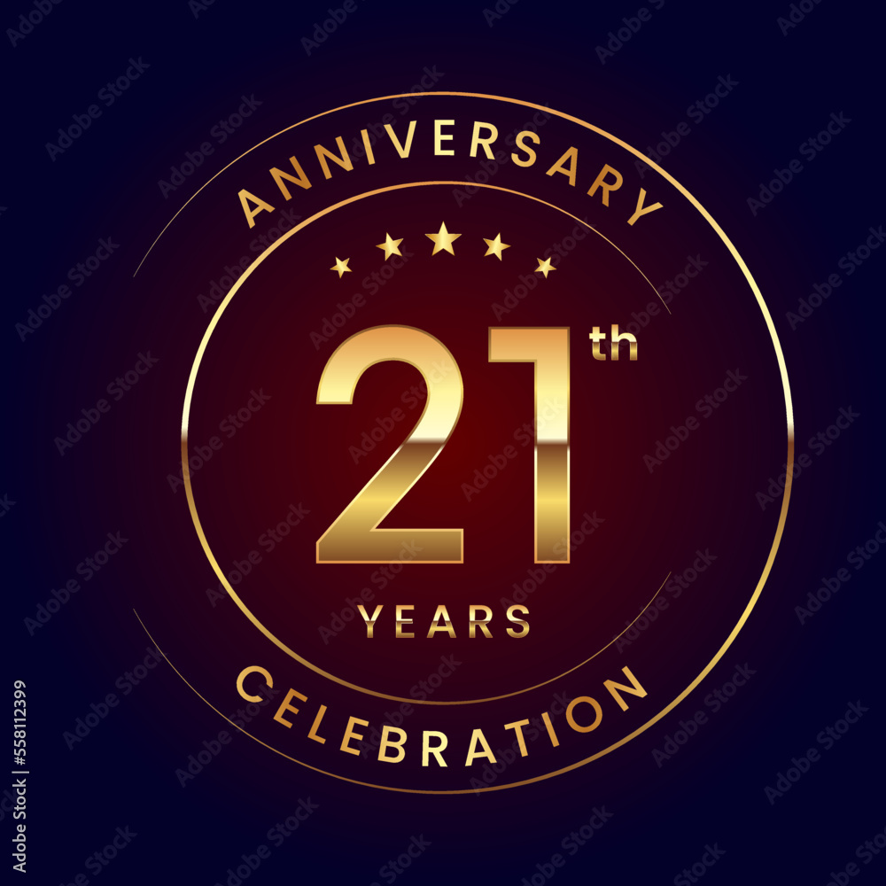 21th Anniversary. A luxurious and simple logo design with gold color ring and text for an anniversary celebration event. Logo Vector Illustration