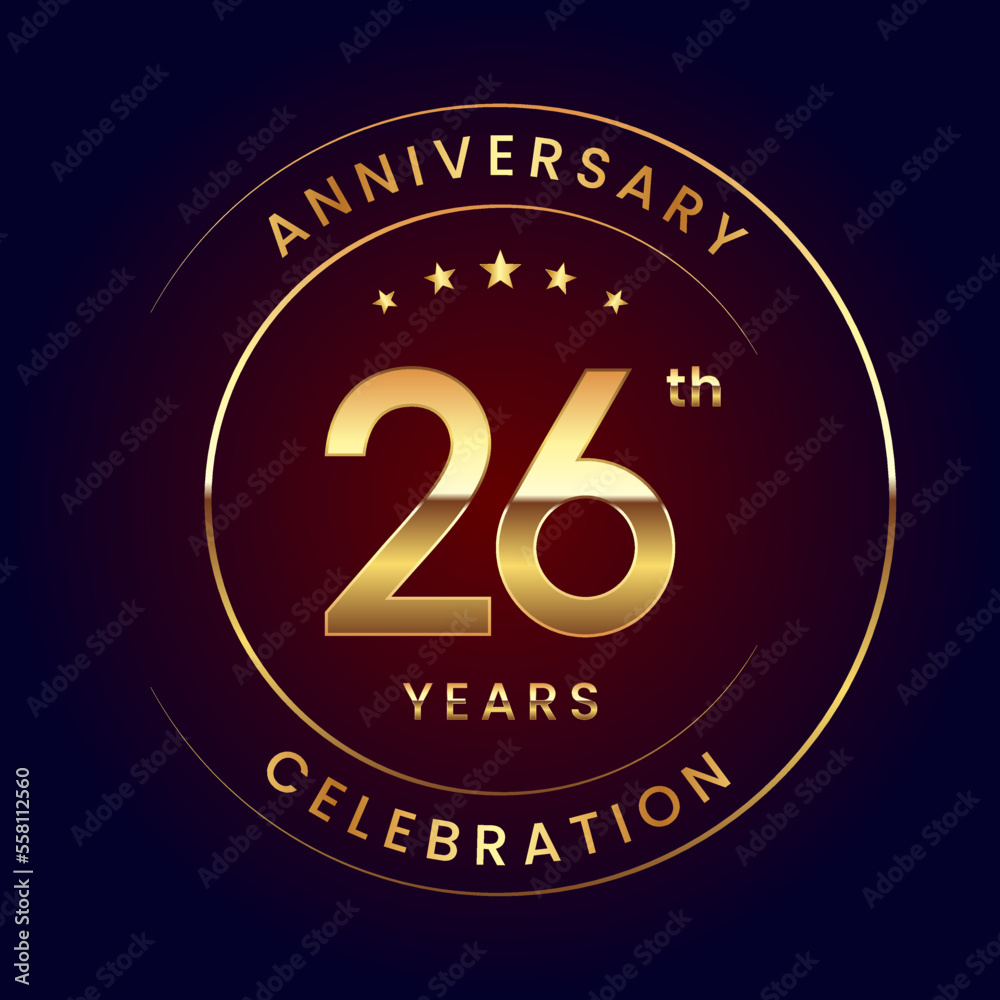 26th Anniversary. A luxurious and simple logo design with gold color ring and text for an anniversary celebration event. Logo Vector Illustration 26th Anniversary. A luxurious and simple logo design with gold color ring and text for an anniversary celebration event. Logo Vector Illustration