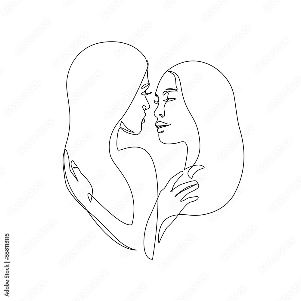Abstract lesbian couple line art drawing. LGBT lesbian homosexual family. Women kissing, hugging isolated on white background Abstract lesbian couple line art drawing. LGBT lesbian homosexual family. Women kissing, hugging isolated on white background