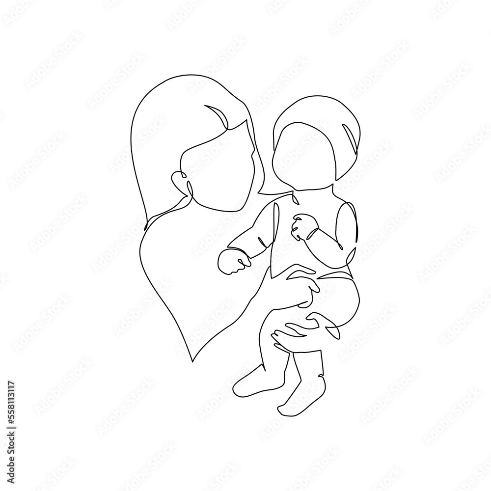 Woman holding infant minimal one line art. Mother and child drawing.