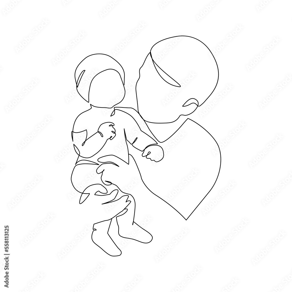 Father little kid line drawing. Abstract family continuous line art. Young dad hugging his son Father little kid line drawing. Abstract family continuous line art. Young dad hugging his son