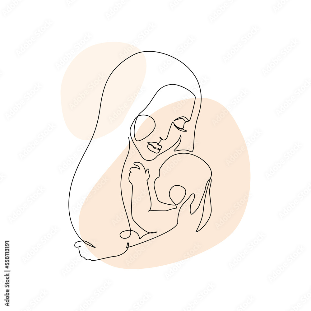 Woman holding baby minimal one line art. Mother and child. Woman holding baby minimal one line art. Mother and child.