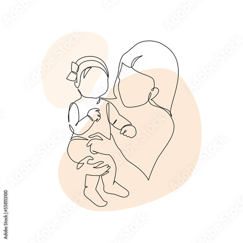 Woman holding infant minimal one line art. Mother and child drawing.