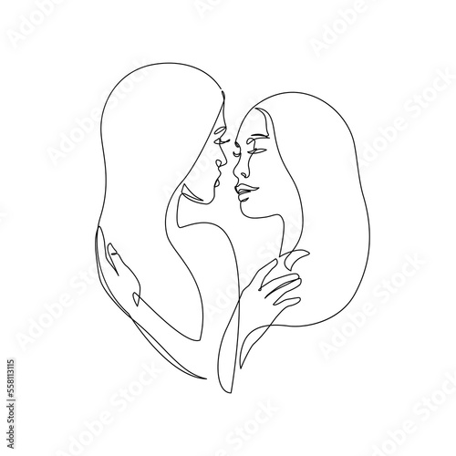 Abstract lesbian couple line art drawing. LGBT lesbian homosexual family. Women kissing, hugging isolated on white background