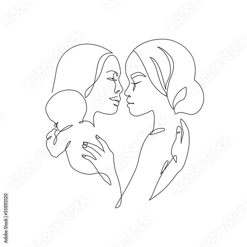 Abstract lesbian couple with a child line art drawing. LGBT lesbian homosexual family.