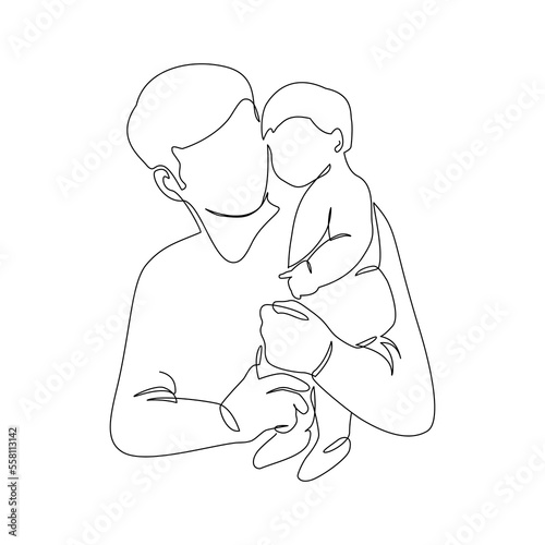 Father little kid line drawing. Abstract family continuous line art. Young dad hugging his son