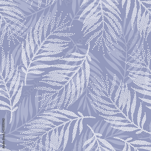 Tropical palm leaves seamless pattern in blue colors. Abstract dotted leaf luxury silhouette background. Halftone palm leaves