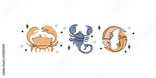 Horoscope icons set: cancer scorpio pisces.