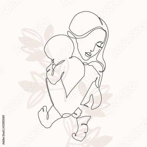 Woman holding baby minimal one line art. Mother and child.