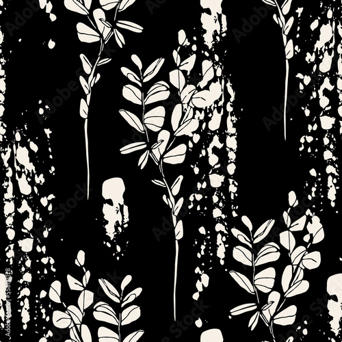 Abstract paint brush strokes and plant twig silhouettes seamless pattern.