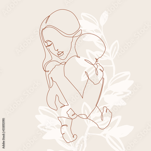 Woman holding baby minimal one line art. Mother and child.