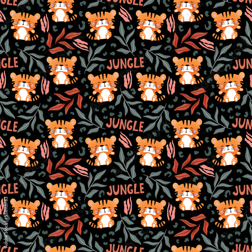 Cute little tiger seamless pattern  Tiger nad jungle repeat print   Cute tiger character nursery wallpaper  Animal baby background  Adorable little tiger  and tropical leaves pattern  Childrens print 