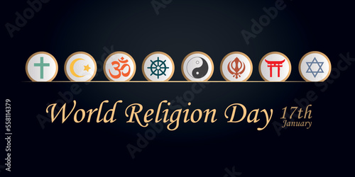 World Religion Day, January 17.
Icons of different religions on dark background.