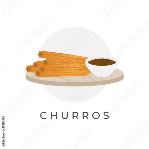 Churros Illustration Logo With Melting Chocolate Sauce In A Bowl