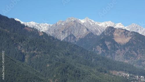 Kullu Manali Himachal Pradesh India. Beautiful snow covers the Indian mountain as crown on its top in Himalayas. photo
