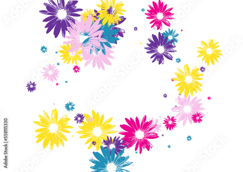 Fototapeta Naklejka Na Ścianę i Meble -  Pink Garden Background White Vector. Plant Duplicate Texture. Purple Chamomile Sweetie. Bloom Banner. Beauty Yellow Leaf.