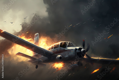 A plane on fire falls out of the sky. Action scene. 