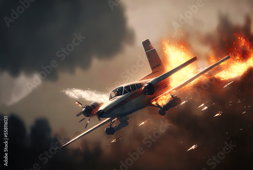 A plane on fire falls out of the sky. Action scene.  photo