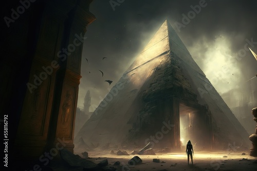 Futuristic Pyramid from afar. Fantasy scenery. Sci-fi. Generative AI