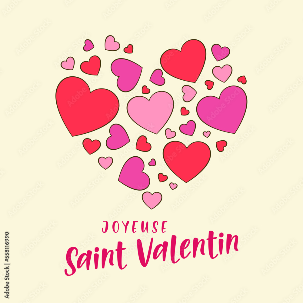 Happy Valentine's Day in French (Joyeuse Saint Valentin). Card template. Cartoon. Vector illustration