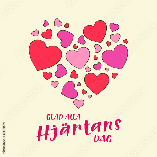Happy Valentine s Day in Swedish  Glad alla Hj  rtans Dag . Card template. Cartoon. Vector illustration