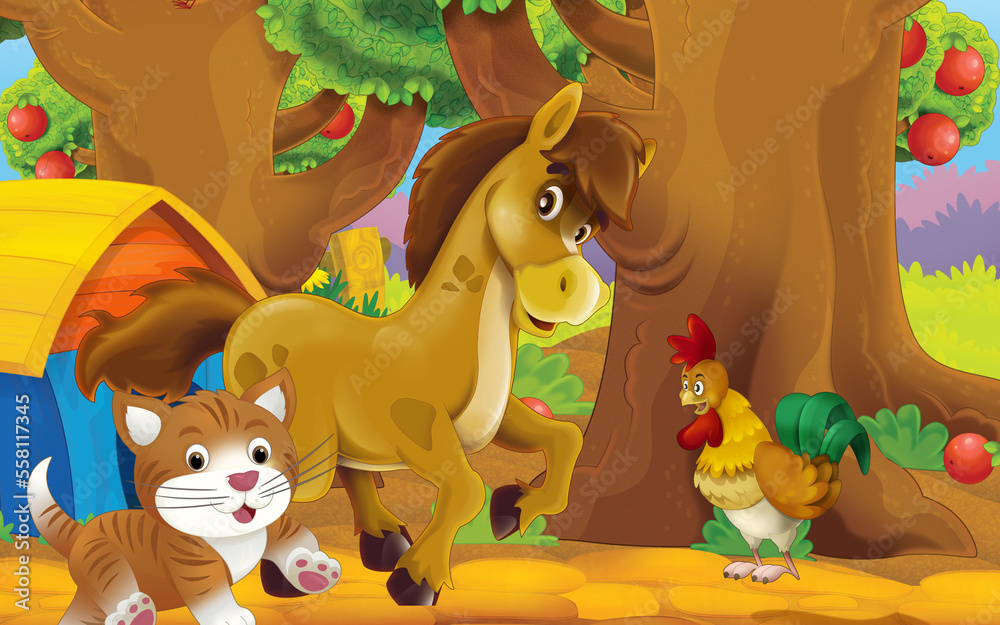 Fototapeta premium cartoon cat on the farm in garden illustration