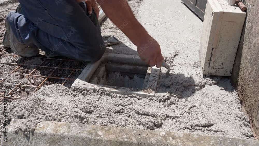 Builder spreading and levelling fresh cement solution with industrial metal trowel, repairman standing on knees and smoothing liquid concrete reinforcing steel foundation mesh on construction site Builder spreading and levelling fresh cement solution with industrial metal trowel, repairman standing on knees and smoothing liquid concrete reinforcing steel foundation mesh on construction site
