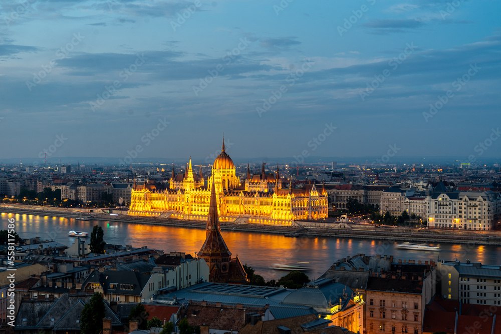 Scenery after sunset of the Hungarian Parliament Building, the symbol of Budapest