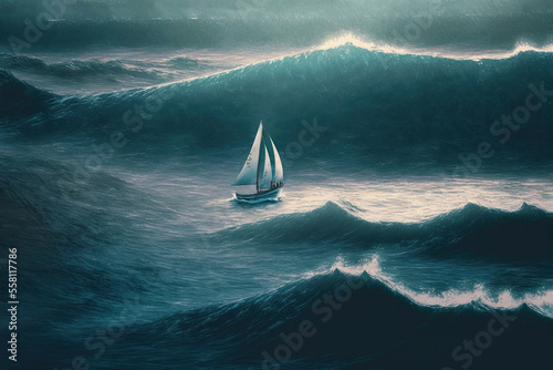 Obraz na płótnie sailboat on sea with stormy weather and big waves. generative ai