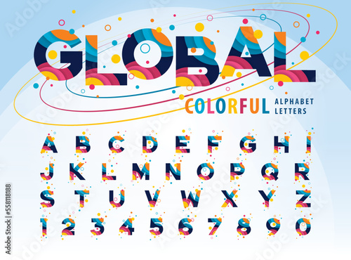 Abstract Colorful Global inside Alphabet Letters and numbers, Modern Color Circles Fonts, Bubble style alphabet letters set design