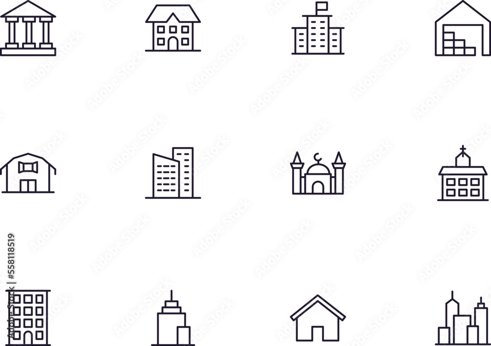 Building concept. Building line icon set. Collection of vector signs in trendy flat style for web sites, internet shops and stores, books and flyers. Premium quality icons isolated on white background Building concept. Building line icon set. Collection of vector signs in trendy flat style for web sites, internet shops and stores, books and flyers. Premium quality icons isolated on white background