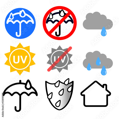 Symbol Icon Logo Wasserschutz Schutz Wasser UV Sicher Resistent Regenschirm Schild Sonne Wolke Tropfen Siegel Innenbereich 