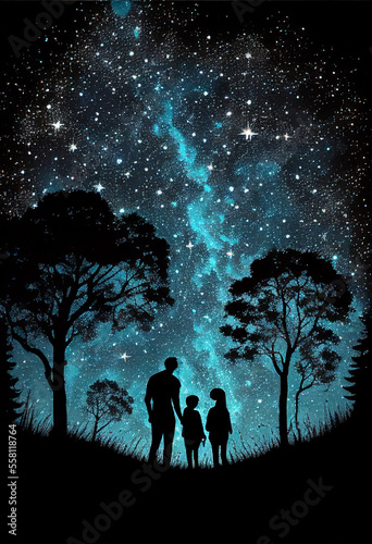 Family silhouette looks at the starry sky. AI generated