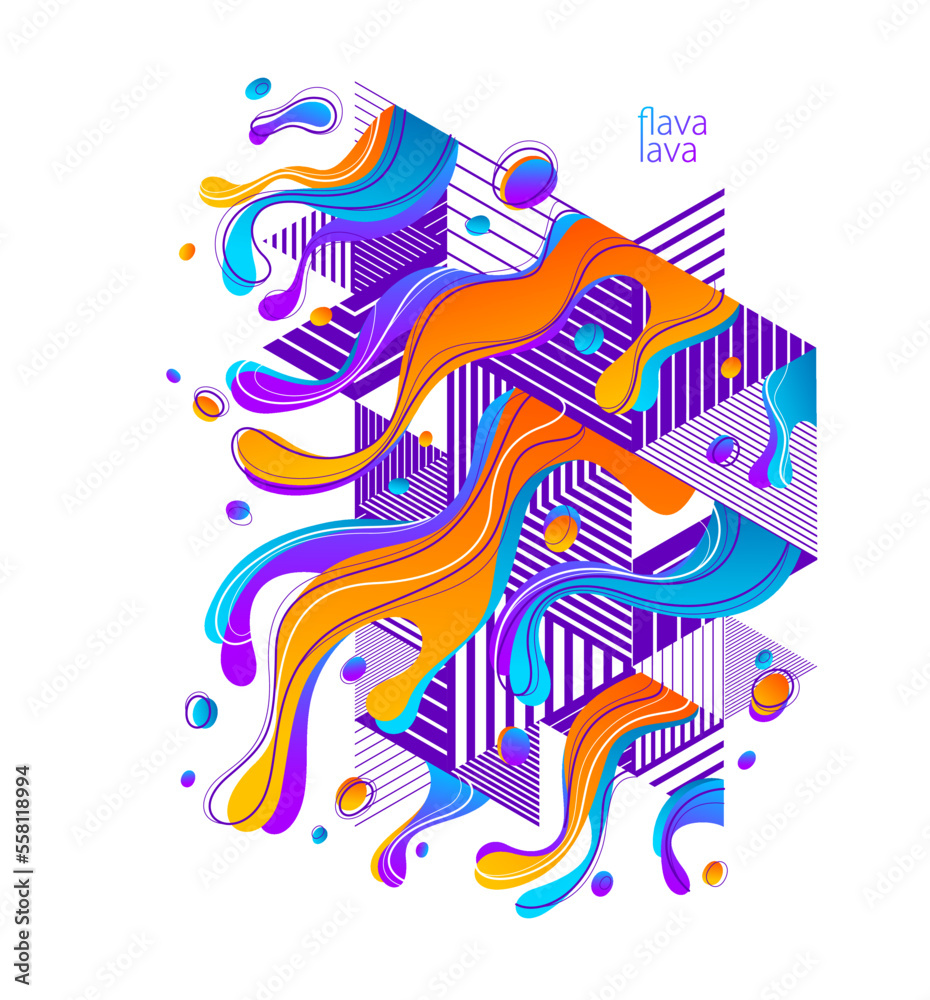 Fluids colorful liquid shapes in motion with geometric lines vector abstract graphic design element, dynamic modern art flowing and changing forms, gradients lava bubbles.