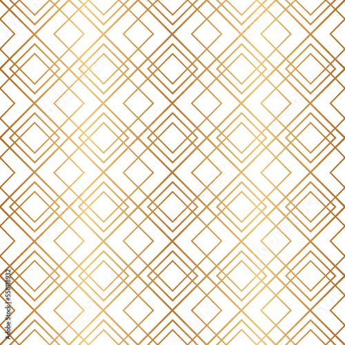 Gold geometric seamless pattern. Repeating fancy background. Abstract golden lattice for design prints. Repeated art deco texture. Elegant diamond shapes. Repeat luxury line. Vector illustration