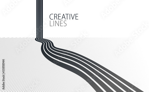 Future lines in 3D perspective vector abstract background, black and white linear composition, road to horizon and sky concept, optical illusion op art.