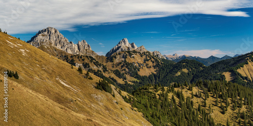 Tannheimer Valley from top of Mountain Krinnenspitze in fall. Hiking in austria