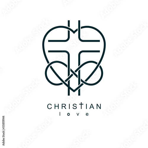Immortal God Christian Love conceptual logo design combined with infinity loop sign and Christian Cross and heart, vector creative symbol.