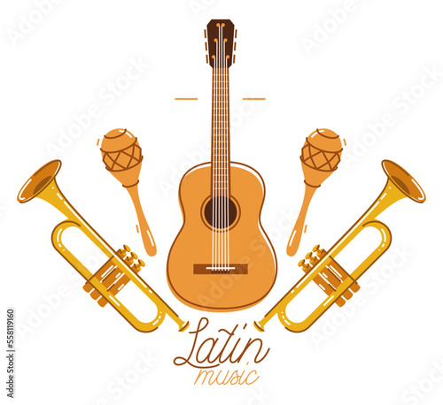 Latin music emblem or logo vector flat style illustration isolated, acoustic guitar logotype for recording label or studio or musical band.