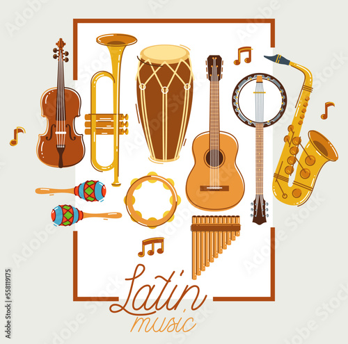 Latin music band salsa vector flat poster isolated over white background, live sound festival concert or night dancing party, Brazil or Cuban musical fiesta theme advertising flyer or banner.