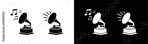 Gramophone icon. Retro gramophone with note music icon symbol. Gramophone instrument sign. Old audio record player for apps and websites, vector illustration