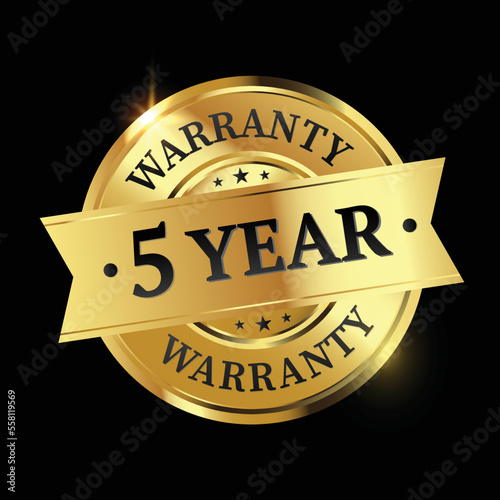 5 year warranty logo with golden shield and golden ribbon.Vector illustration.