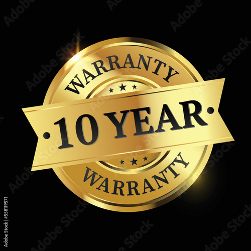 10 year warranty logo with golden shield and golden ribbon.Vector illustration.