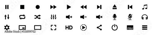 Audio player and video player buttons icon set. Music and sound icon set. Media player buttons icon. Video audio player buttons icon. Music sign, symbol illustration