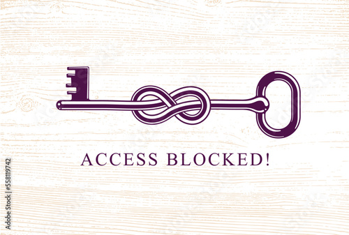 Access Denied, Knotted key allegorical symbol, vintage antique turnkey in a knot, blocked account, personal data protection, hacker and fraud attack, vector logo.