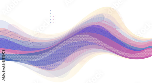 Abstract oriental Japanese art vector background, traditional style design, wavy shapes and mountains terrain landscape, runny like sea lines.
