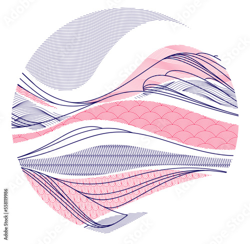 Abstract oriental Japanese art vector background in a shape of circle, traditional style design, wavy shapes and mountains terrain landscape, runny like sea lines.