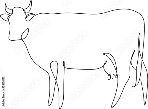 Cow on pasture in continuous line art drawing style. Grazing cow abstract minimalist black linear sketch isolated on white background. Vector illustration