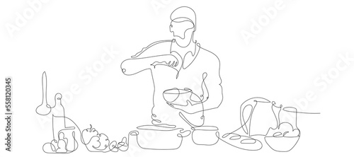 Cooking Seamless Pattern. One line background with Empty Space for Text . Oneline Continuous doodle drawing style. Vector illustration. Cooking man in the kitchen and Utensils. Line art Poster EPS10